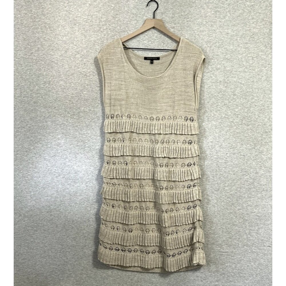 Cynthia Steffe Dress Womens Large Tan Tiered Ruffle Sweater Flapper Sleeveless